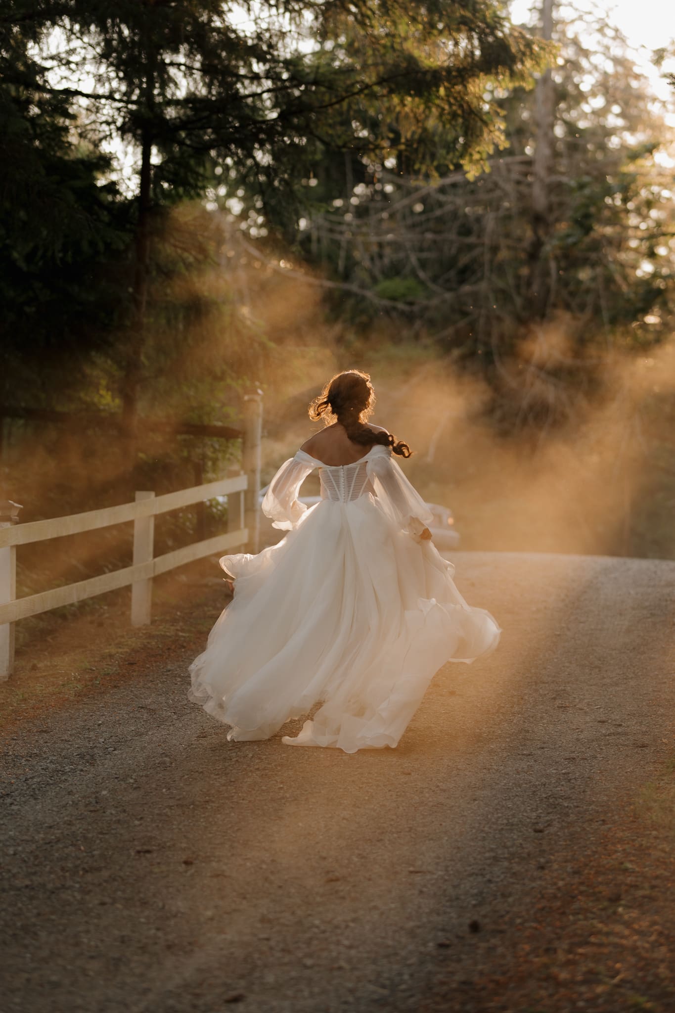 Hayley Zumkeller photography and videography team in Victoria BC capture a bride with her gown flowing as she chases down their vehicle. The golden hour glow is filtering through the trees and highlights the picture perfect moment.