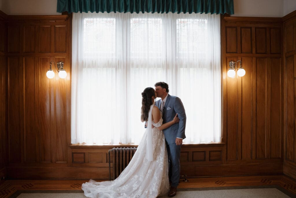 Hatley Castle Wedding in Victoria BC captured by local Wedding Photographer Hayley Zumkeller - Intimate, Elegant, Castle Wedding Bride and Groom first look inside Hatley Castle