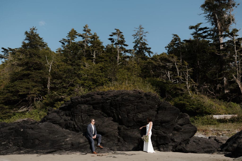 Tofino BC Wedding Photographer and Videographer captures bride and groom after their wedding ceremony at Crystal Cove Resort on Chesterman Beach