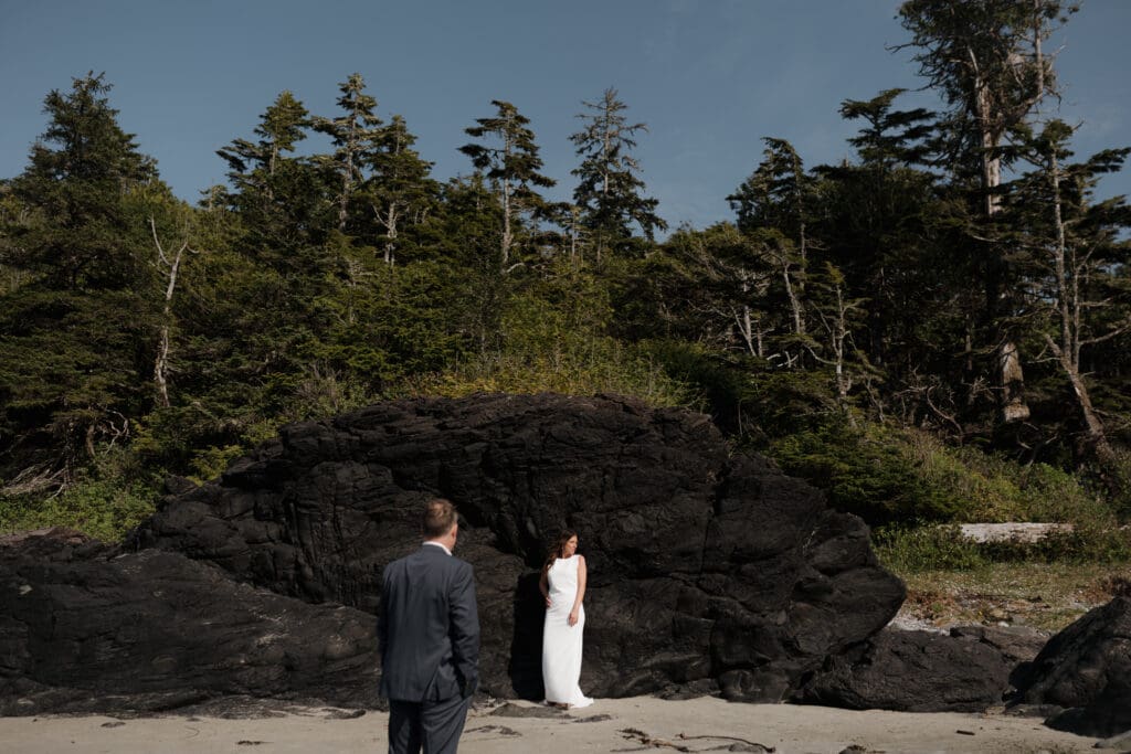 Tofino BC Wedding Photographer and Videographer captures bride and groom after their wedding ceremony at Crystal Cove Resort on Chesterman Beach