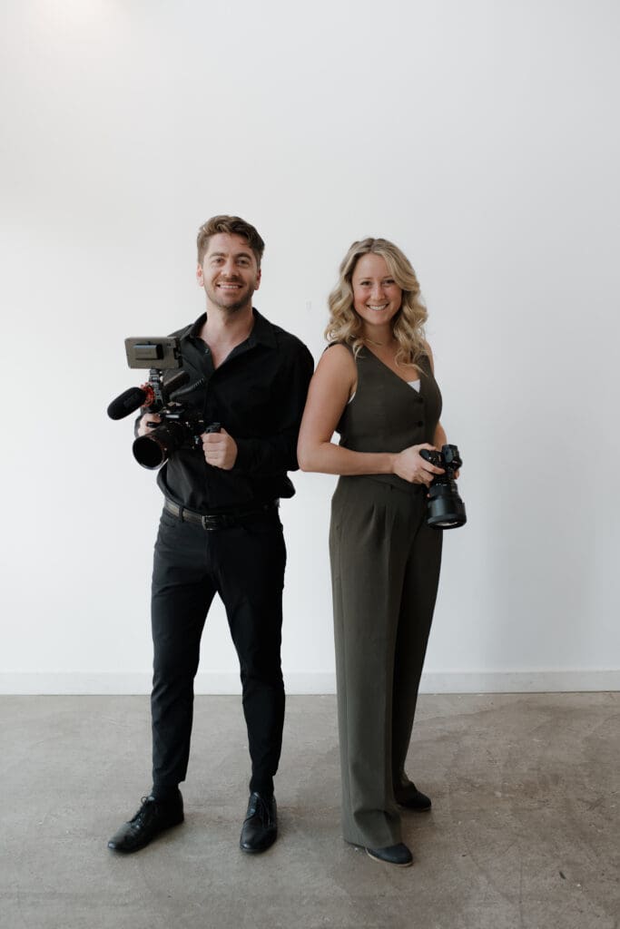 Hayley Zumkeller and a member of her Vancouver Island Videography team pose for branding photos that highlight their professional, but fun, personalities.