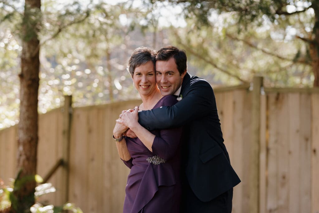 Hayley Zumkeller Victoria BC Wedding Photographer captures image of a groom with his Mom a Gowlland Harbour Intimate Wedding.
