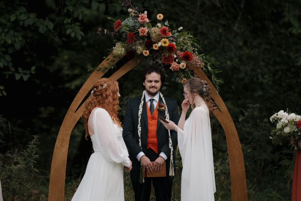 A BC officiant performs the wedding ceremony of a bride and groom on Vancouver Island. Image captured by the talented Hayley Zumkeller photography and videography team from Victoria BC.