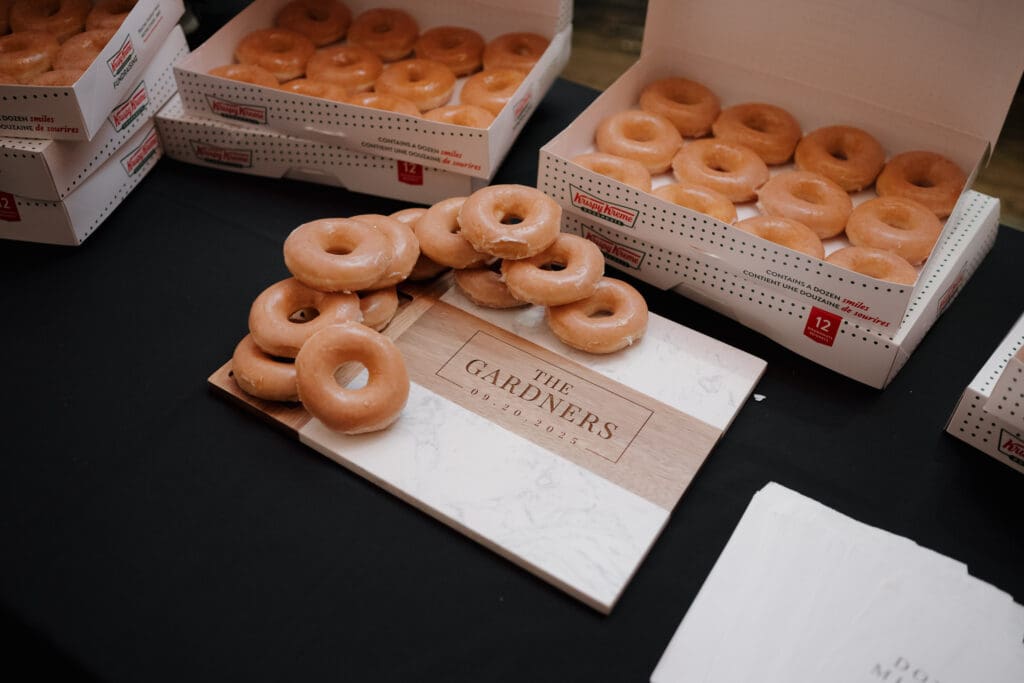 Donuts or Donut boards are one of the latest wedding trends of 2026/2027. These donuts were captured during a wedding at Gowlland Harbour on Vancouver Island.
