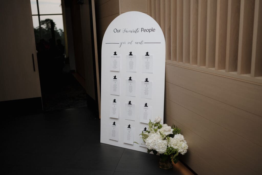 Victoria BC wedding photography and videography team capture an image of the seating chart creatively done by the planner at an Olympic View Golf Course wedding on Vancouver Island.