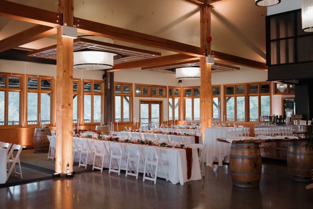 A wedding dinner set up at Church and State Winery on Vancouver Island is captured by Hayley Zumkeller photography and videography team from Victoria BC.