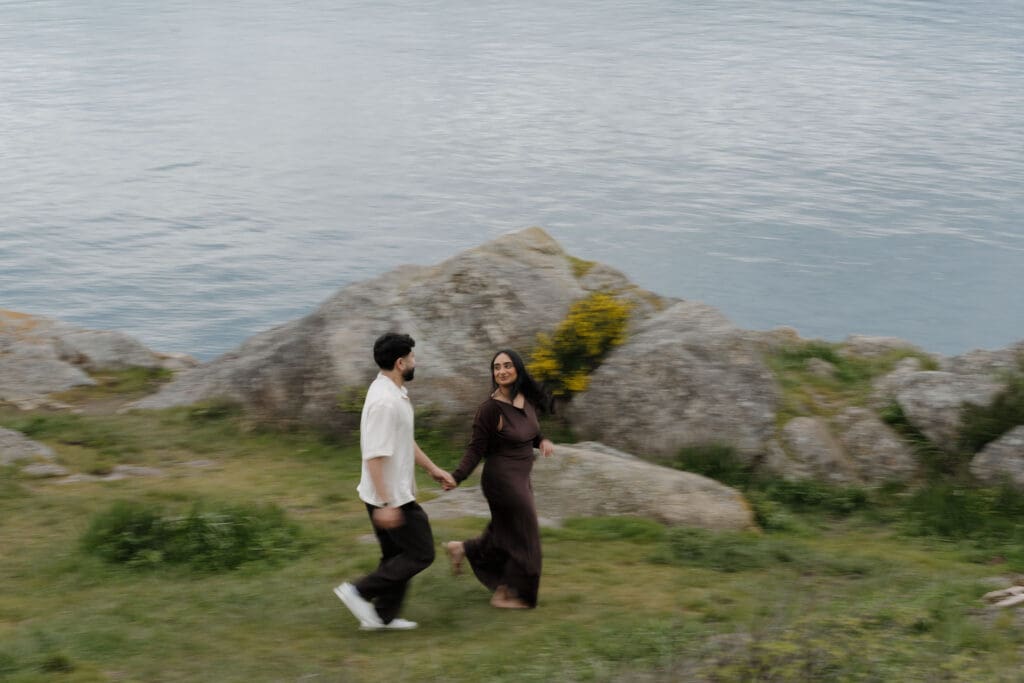 Engaged couple golden hour portrait at Saxe Point Park, Victoria BC — Hayley Zumkeller Photography and Videography