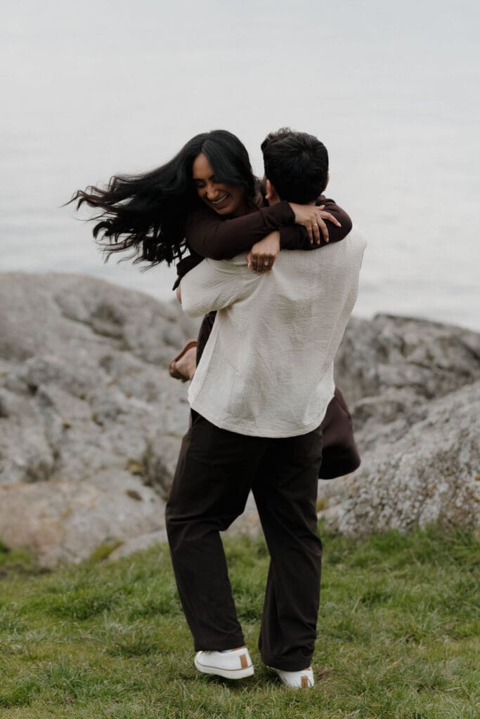 Engaged couple golden hour portrait at Saxe Point Park, Victoria BC — Hayley Zumkeller Photography and Videography