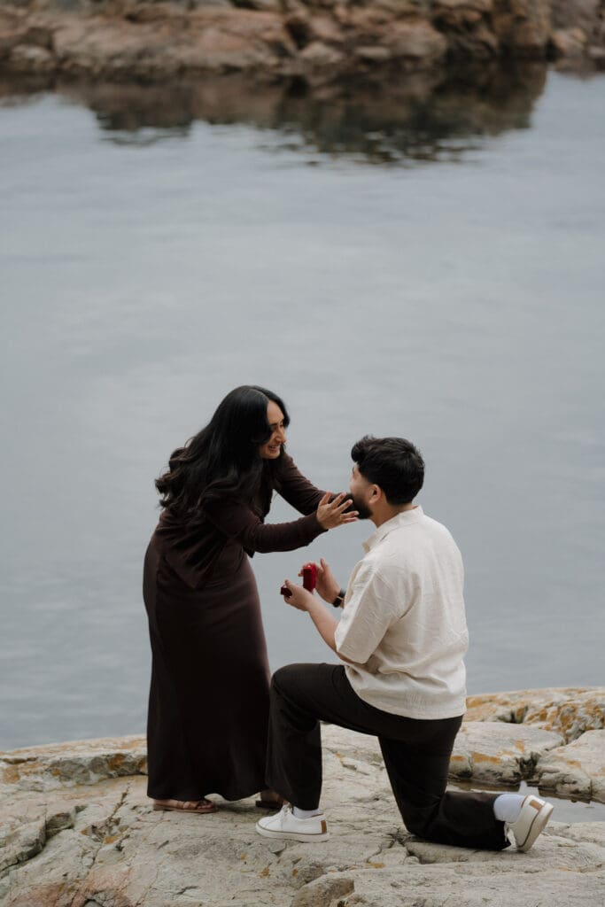 Harwinder proposes to Imran at Saxe Point Park at sunset, Victoria BC, captured by proposal photographer Hayley Zumkeller