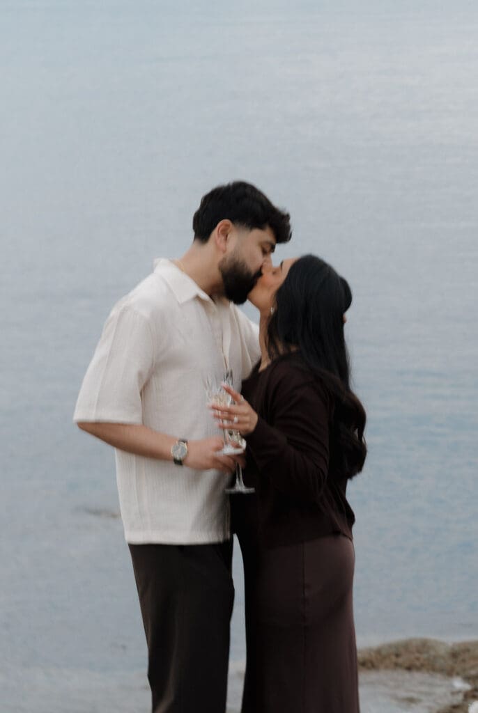 Engaged couple golden hour portrait at Saxe Point Park, Victoria BC — Hayley Zumkeller Photography and Videography