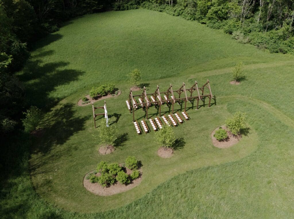 An overhead drone shot of the ceremony set up at Wildflower on Watts in Honesdale PA
