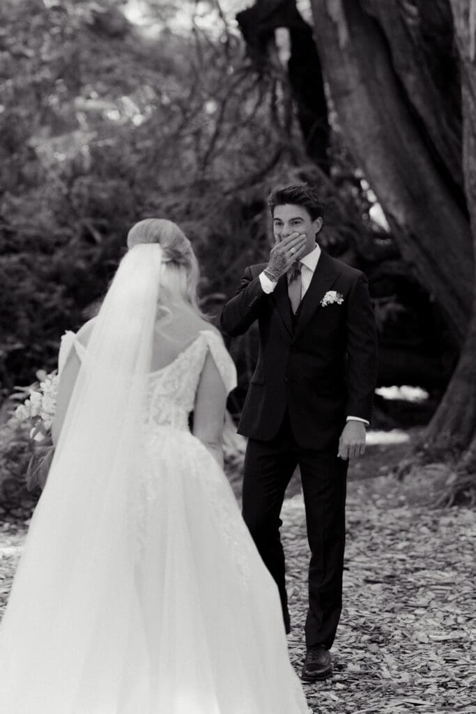 Wedding first look in the coastal rainforest near the Wickaninnish Inn in Tofino