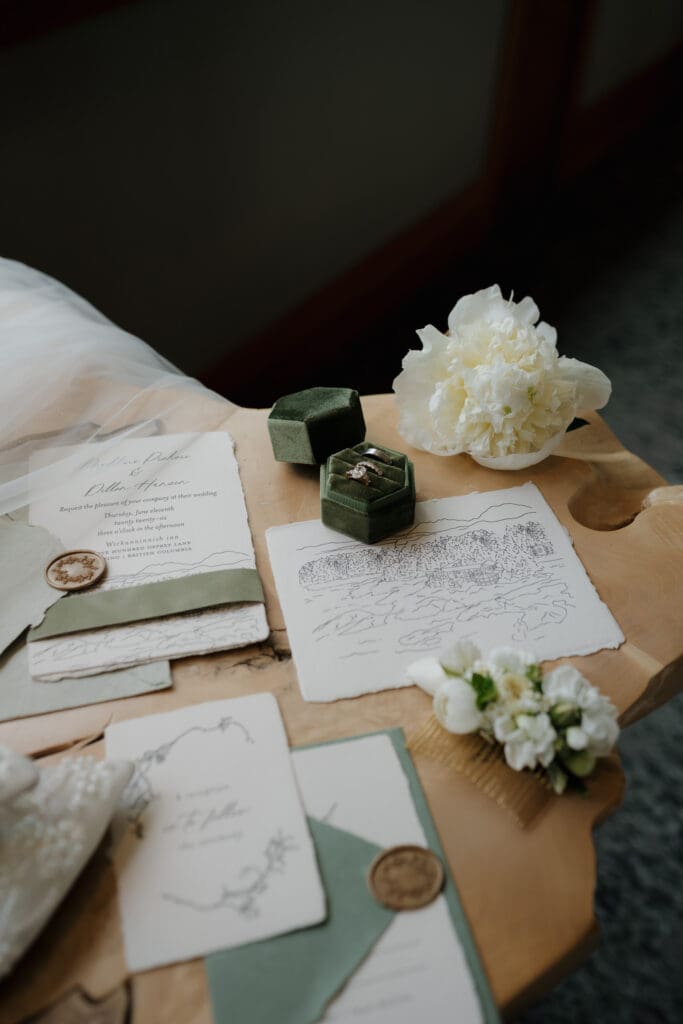 The wedding accessories lined up for a personal image on the wedding day of a couple at Wickaninnish Inn in Tofino BC.