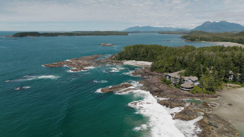 Aerial view of a private beach wedding ceremony at the Wickaninnish Inn on Vancouver Island