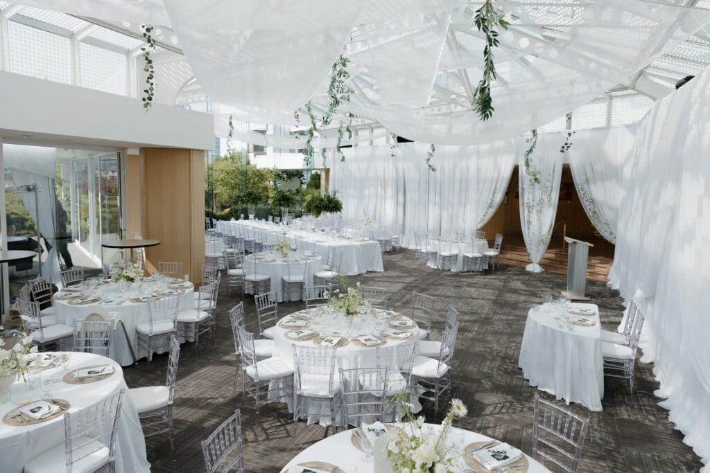 A dinner and reception set up for a wedding at Inn on Laurel Point in Victoria BC.