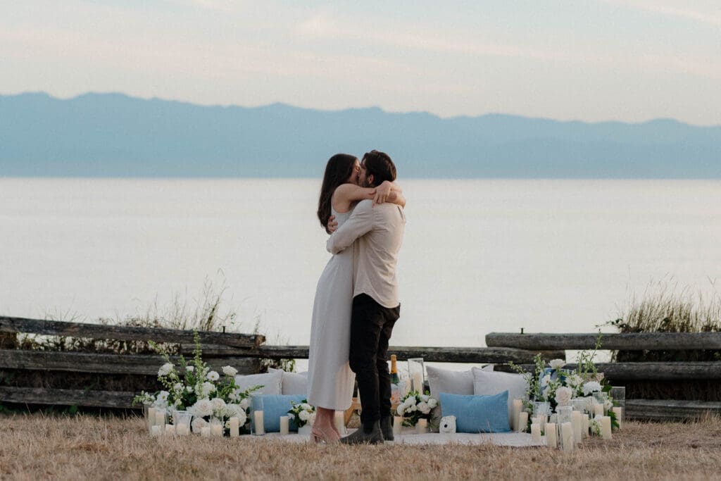 Close-up of champagne being poured after a surprise proposal, Victoria BC