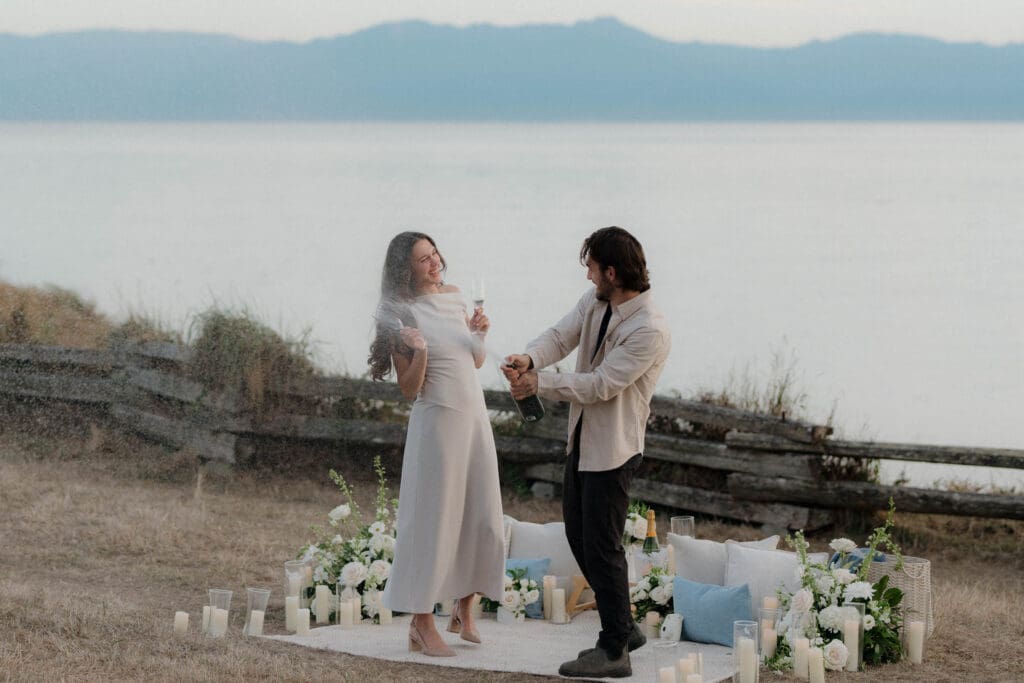 Close-up of champagne being poured after a surprise proposal, Victoria BC