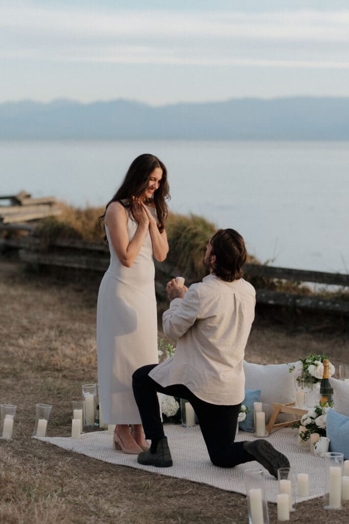 Candles and florals arranged for a private evening proposal in Victoria BC